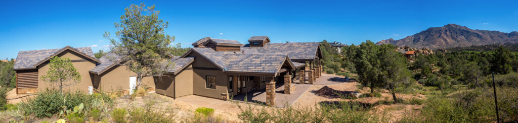 Panoramic view of Murphy’s Station American Ranch Prescott custom home with Granite Mountain in the background