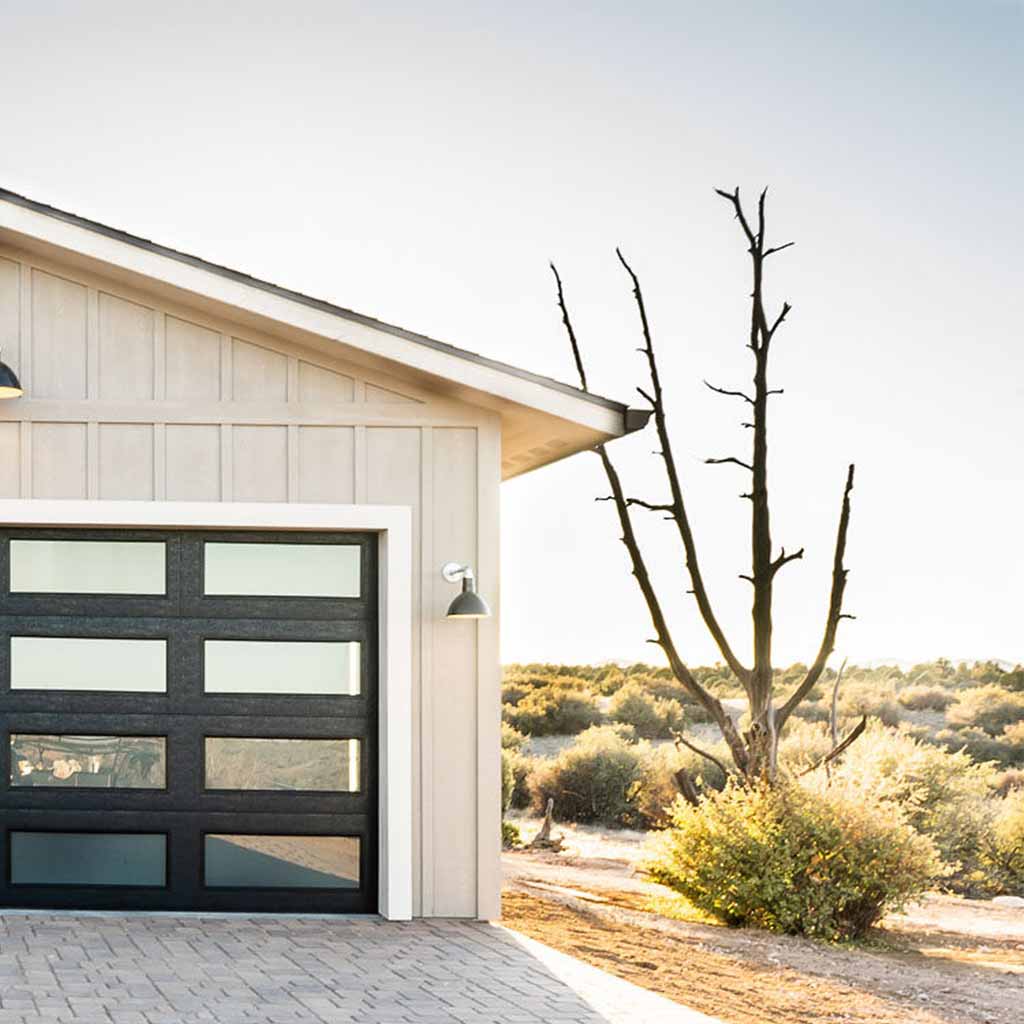Garage of a Las Vegas Ranch Prescott custom home with wide-open high-desert landscape in the background