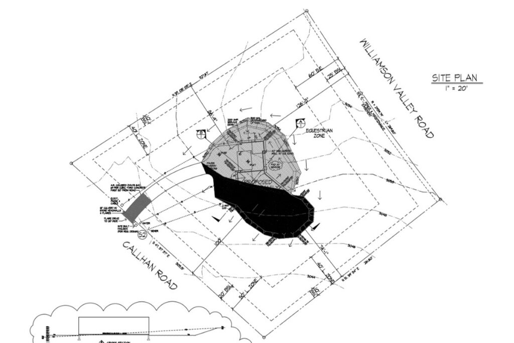 Site plan for an HBC custom home in American Ranch showing home placement, lot layout, slope, drainage direction, and equestrian zone