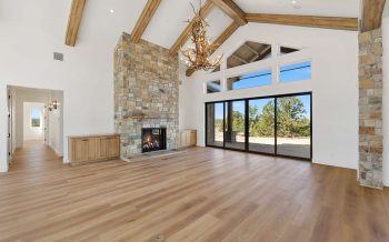 Wide great room in a Sterling Ranch custom home with vaulted beams, stone fireplace, and large sliding doors